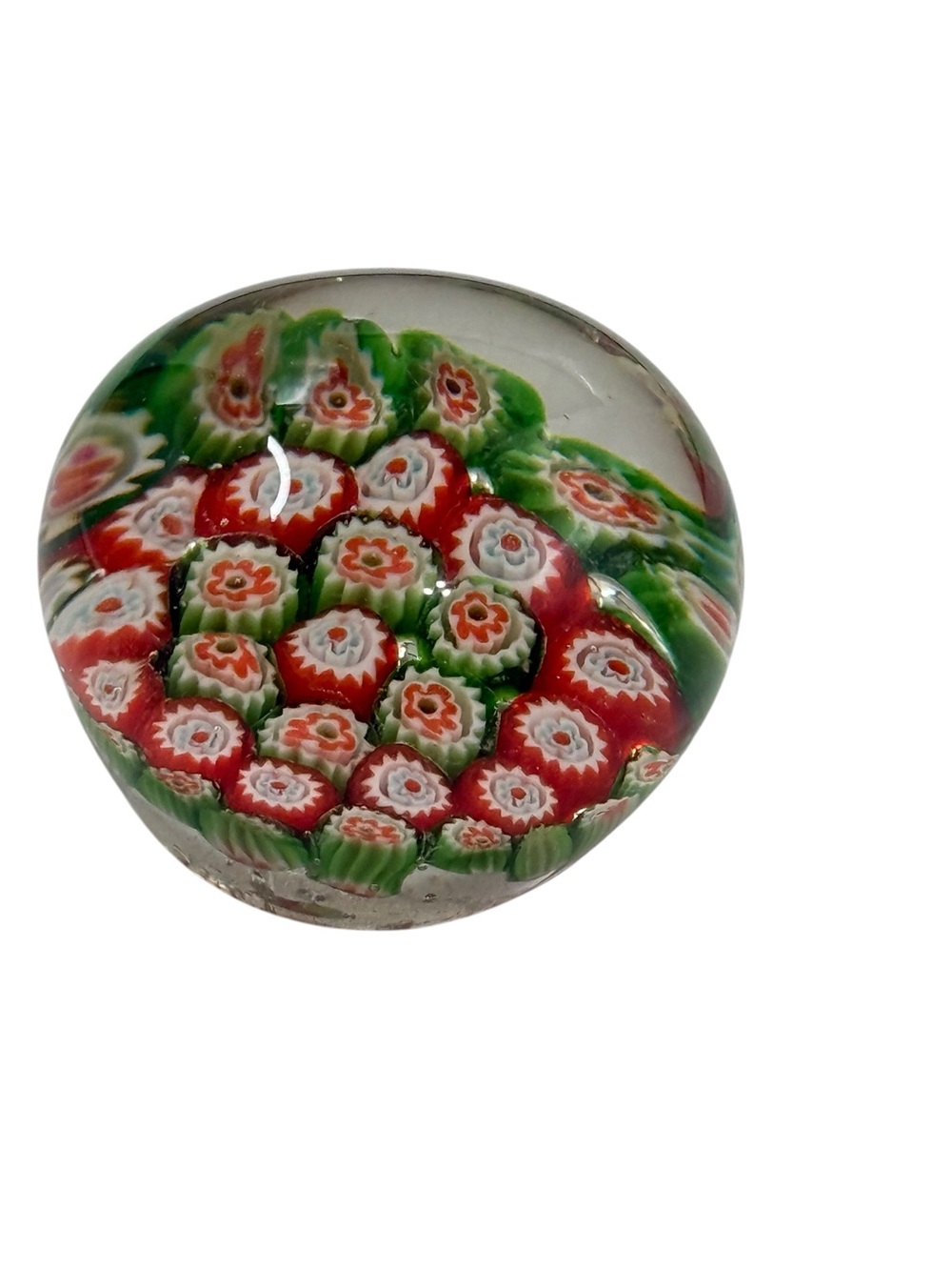 Murano glass paperweight millefiori design vibrant red, green, white